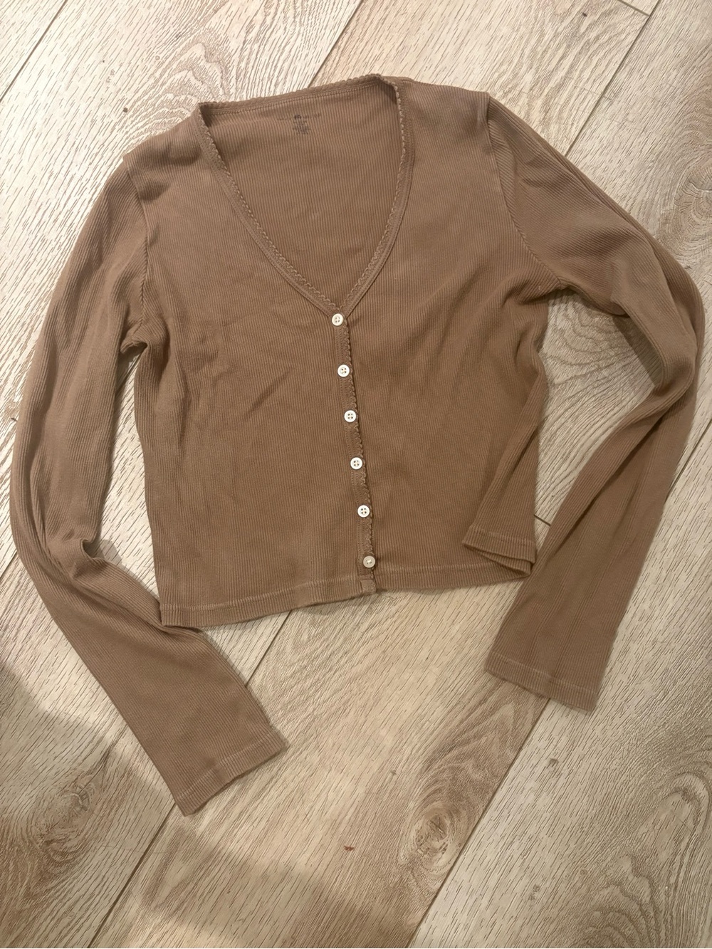 Brandy Melville V-Neck Lightweight Button Front Top — Tan brown
